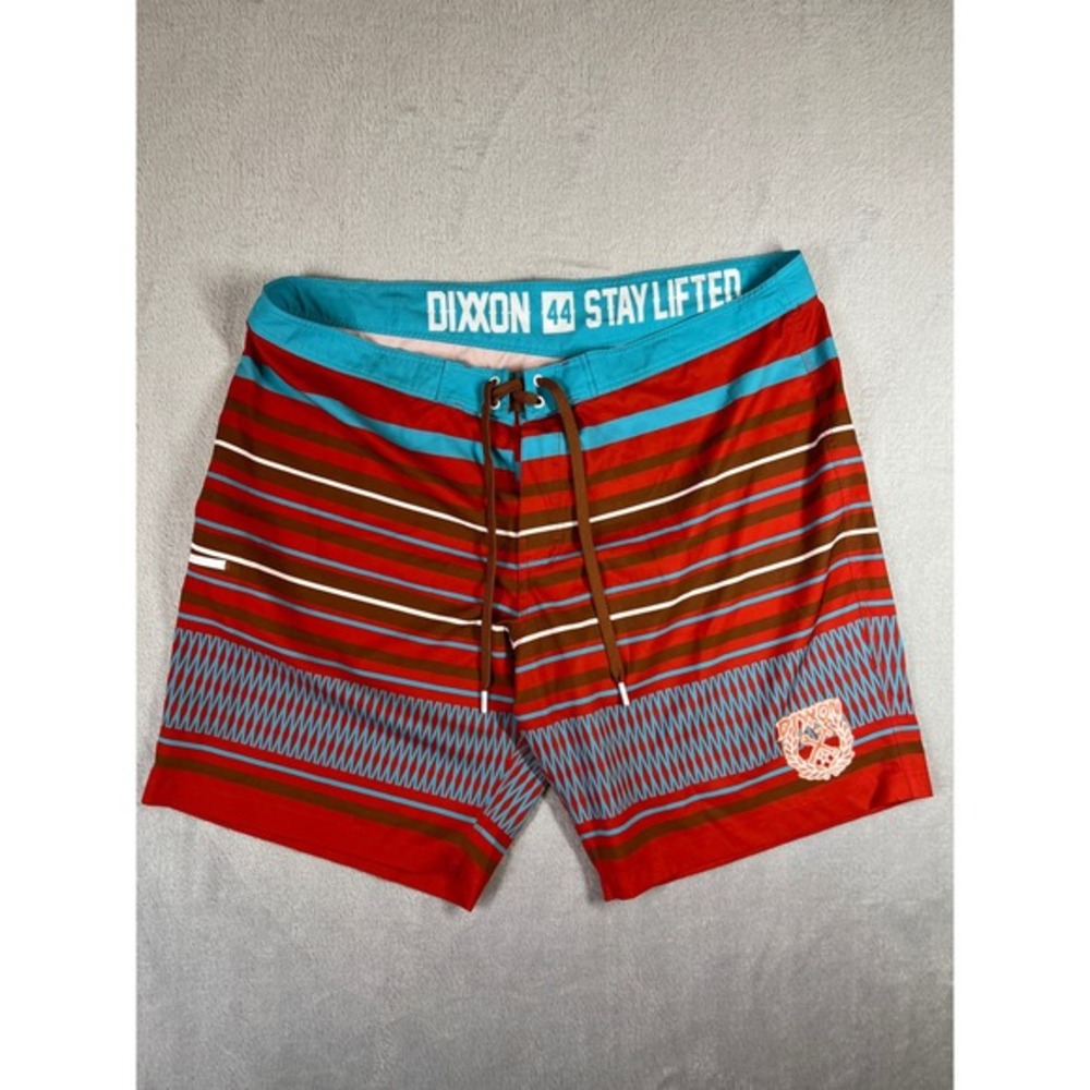Dixxon Flannel Co Men 44‎ Stay Lifted Board Shorts Red Striped Swim Trunks Logo